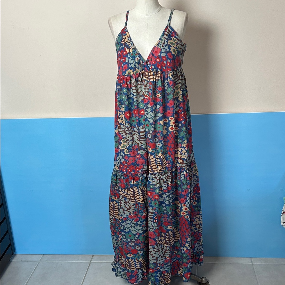 Vintage She’s Cool Cotton floral v-neck layered maxi floral dress size L